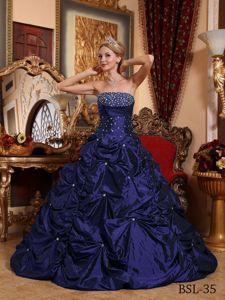 Navy Blue Beaded Strapless Floor-length Quinceanera Gown with Pick-ups