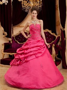 Coral Red Strapless Full-length Quince Dresses with Pick-ups and Appliques