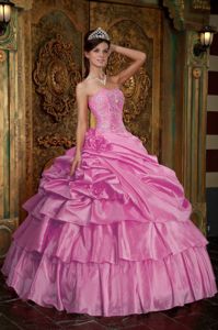 Cute Rose Pink Lace-up Long Quinceanera Gown with Flowers and Layers