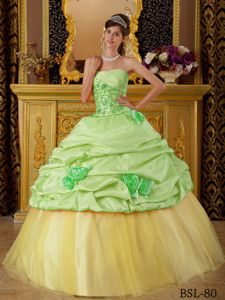 Strapless Green and Yellow Long Quince Dresses with Flower and Pick-ups