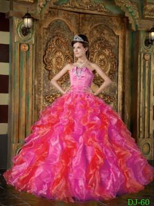 Hot Pink Beaded Strapless Floor-length Sweet Sixteen Dresses with Ruffles