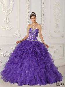 Pretty Purple Sweetheart Long Quinces Dresses with Appliques and Ruffles