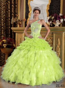New Yellow Green One Shoulder Beaded Long Quince Dress with Ruffles