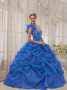 Blue Ruffled One Shoulder Quinceanera Gown with Pick-ups and Applique