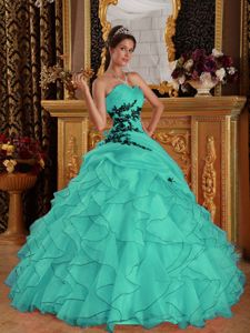Ruffles Turquoise Appliques Organza Barquisimeto Quinceanera Dresses