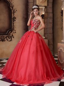 Red Beaded Sweetheart Organza Flowers Quinceanera Dress in Bailadores