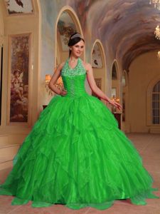 Beaded Halter Spring Green Embroidery Quinceanera Dress with Ruffles