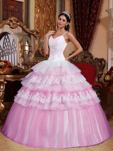 Tiered Lace Pink Spaghetti Straps Organza Appliques Quinceanera Dress