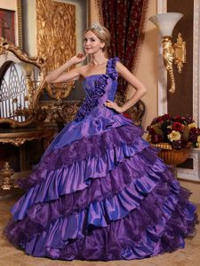 Layered Hand Made Flowers One Shoulder Purple Quinceanera Dresses