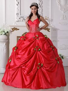 Spaghetti Straps Flowers Red Beaded Quinceanera Dresses in Guaynabo