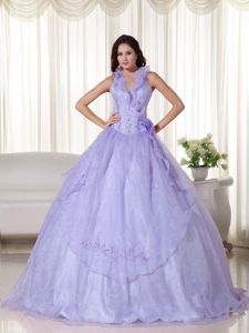 Halter Beaded Lilac Embroidery Quinceanera Dress in Grande Puerto Rico