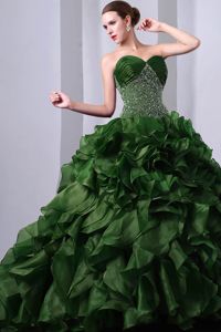 Brush Train Organza Beading Green Quinceanera Dresses with Ruffles