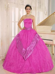 Strapless Hot Pink Beaded Floor Length Semi formal Quinceanera Dresses in Bakersfield