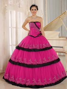 Hand Flowery Hot Pink and Black Floor Length Quinceanera Dress with Appliques