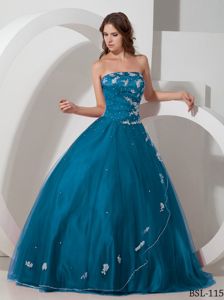 Appliques Blue Beaded Strapless Quinceanera Dress in Yauco Puerto Rico