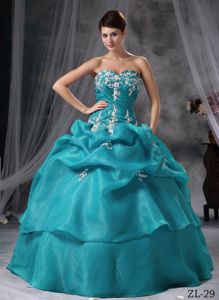 Ruched Appliques Blue Organza Mariano Roque Alonso Quinceanera Dress