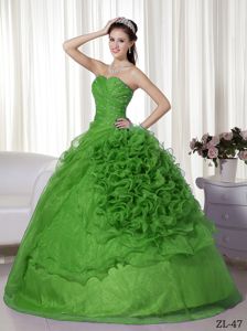 Ruffled Organza Beading Ruched Green Quinceanera Dress in Mbuyapey