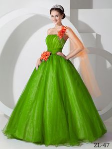 One Shoulder Organza Hand Made Flowers Green Limpio Dress for Quince