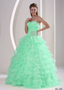 Ruffles Appliques Ruched Apple Green Sweet 15 Quinceanera Dresses