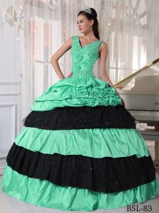 V-neck Flowers Beaded Apple Green and Black Guadalupe Quinceanera Dress