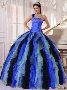 Ruffles One Shoulder Beaded Multi-colored Organza Quinceanera Dress