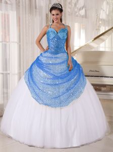 Sequin Halter Blue and White Tulle Appliques Pisco Quinceanera Dress