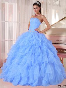 Ruffled Blue Beaded Strapless Organza General Artigas Sweet 15 Dresses