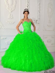 Beading Spring Green 2014 Quinceanera Dress with Ruffles in Cambyreta
