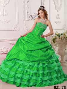 Layered Green Ruching Taffeta Beaded Quinceanera Dress in Palmas Bellas