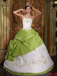Embroidery Satin Yellow Green and White Quinceanera Dress in Vacamonte