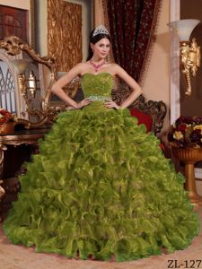 Layered Ruffles Olive Green Beaded Organza Sweet 16 Dresses in Parita
