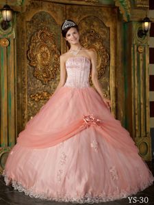 Flower Watermelon Tulle Appliques Quinceanera Gown Dress in Cokabilla