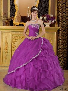 Organza Appliques Purple Strapless Quinceanera Dresses with Ruffles
