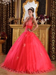 Halter Coral Red Appliques Ruched Tulle Tlaquepaque Quinceanera Dress
