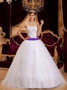 White Appliques Strapless Satin Quinceanera Dresses with Purple Belt