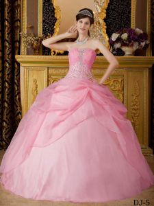 Pink Ball Gown Strapless Floor-length Beading Quinceanera Dress