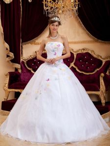 White A-Line Strapless Embroidery Quinceanera Dress in Cancun