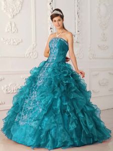 Turquoise Strapless Embroidery Quinceanera Dress with Ruffles