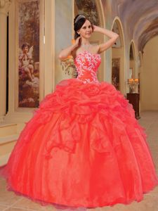 Sweetheart Pick-ups Appliques Quinceanera Dress in Coral Red