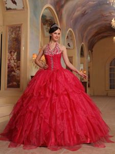 Halter Ruffled Red Quinceanera Dress with Appliques and Beading