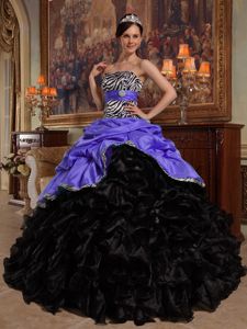 Purple and Black Zebra Dress for Quince Strapless with Ruffles