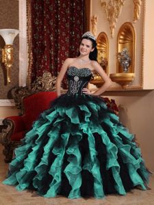 Beaded Sweetheart Ruffled Quince Dresses in Black and Turquoise