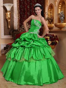 Strapless Appliques Spring Green Quince Dresses with Pick-ups