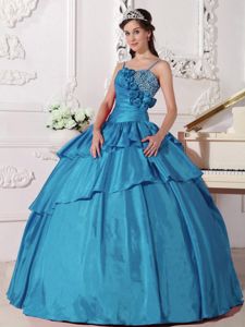 Turquoise Straps Beading Sweet 16 Dresses with Hand Made Flowers