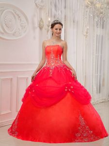 Coral Red Ball Gown Strapless Appliques Quince Dresses Beading