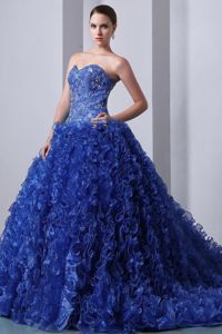 Sweetheart Ball Gown Blue Brush Train Beading Ruffled Quince Dresses