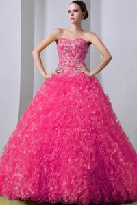 Hot Pink Sweetheart Brush Train Beading Ruffled Sweet 15 Dress