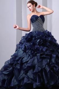 Sweetheart Brush Train Beading and Ruffles Quince Dresses in Navy Blue