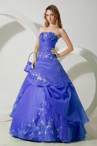 Blue Ball Gown Strapless Embroidery Dress For Quinceanera