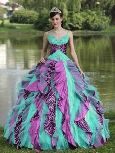 V-neck Straps Beading Colorful Ruffled Quinceanera Gown Dresses